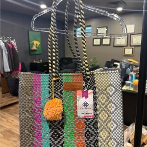 Woven Tote Bag in Orange, Green and Silver